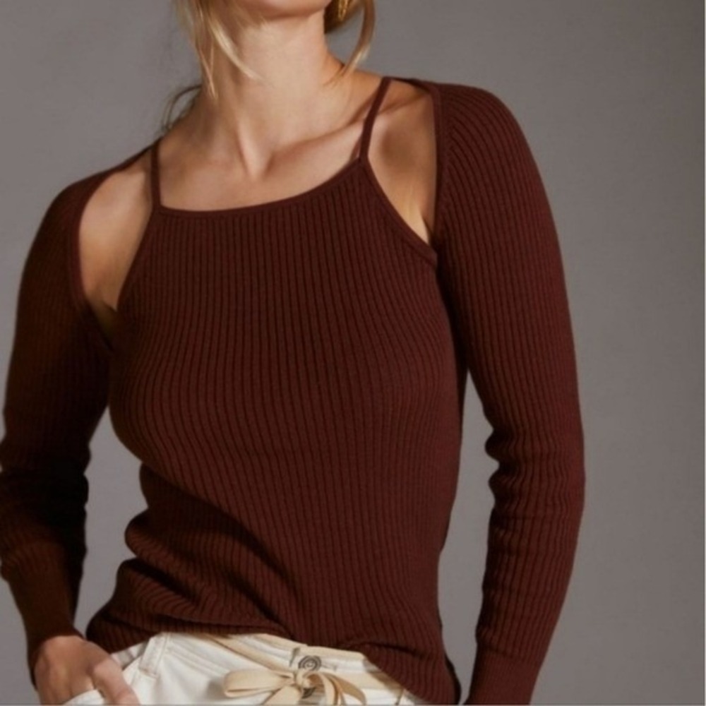 Anthropologie NEW Brown Cocoa Ribbed Cut-out Sweater 2fer Top Shirt SZ Large Y2K